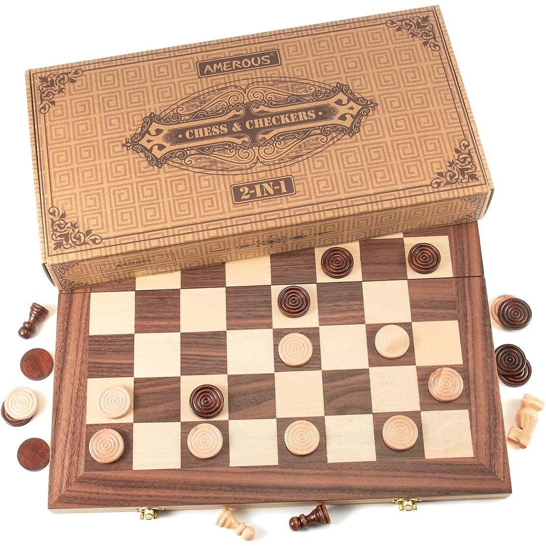 AMEROUS 15" Wooden Chess & Checkers Set with Metal Latch, view 4