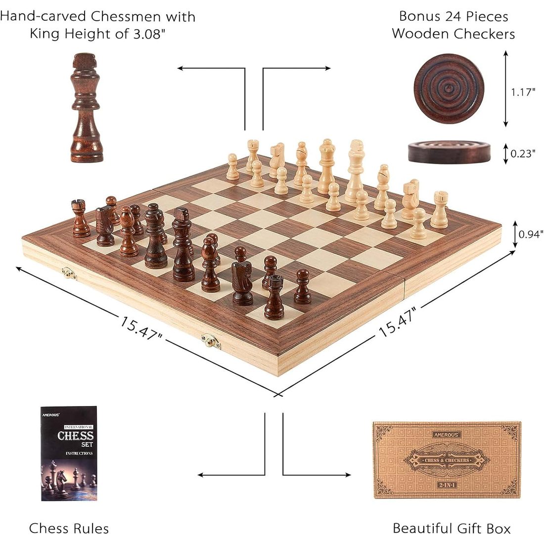 AMEROUS 15" Wooden Chess & Checkers Set with Metal Latch, view 5