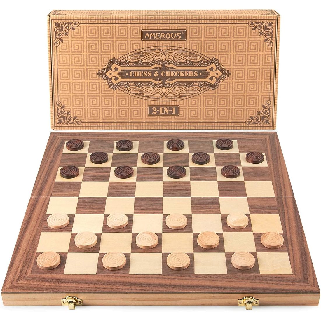 AMEROUS 15" Wooden Chess & Checkers Set with Metal Latch, view 6