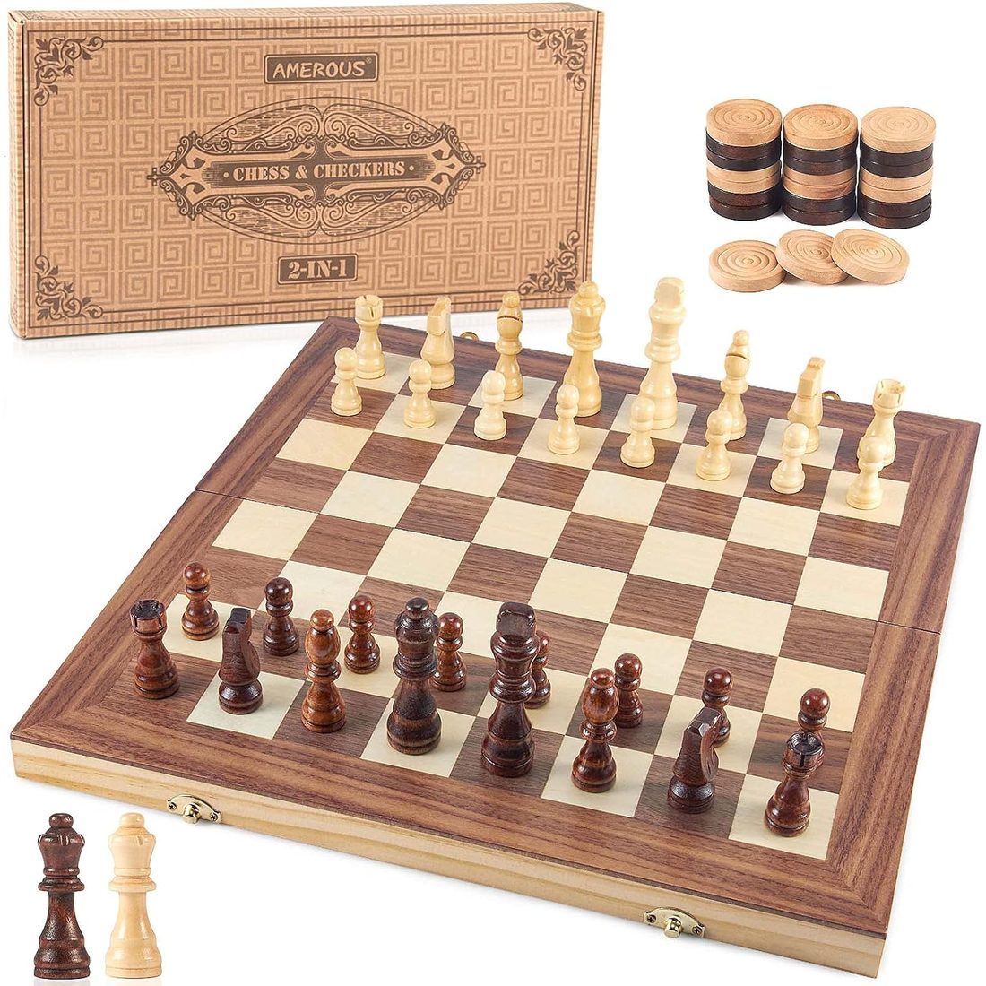AMEROUS 15" Wooden Chess & Checkers Set with Metal Latch