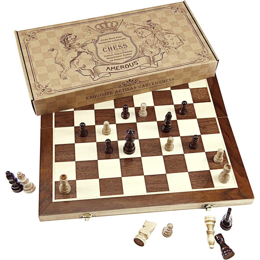 AMEROUS 15" x 15" Folding Magnetic Chess Set with Storage Slots, view 2