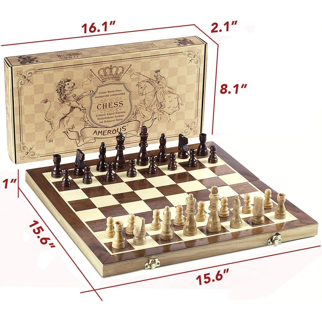 AMEROUS 15" x 15" Folding Magnetic Chess Set with Storage Slots, view 5