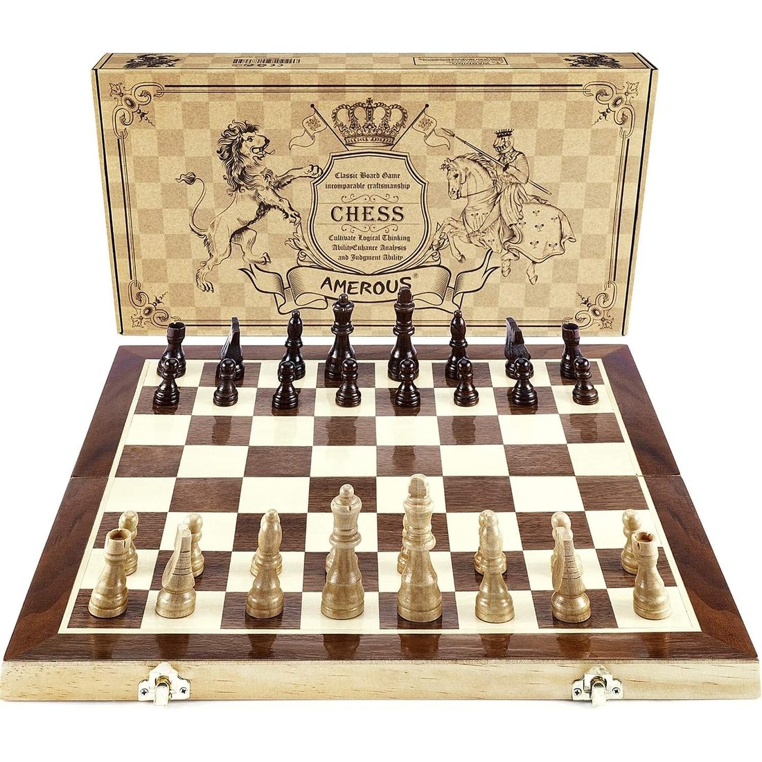 AMEROUS 15" x 15" Folding Magnetic Chess Set with Storage Slots