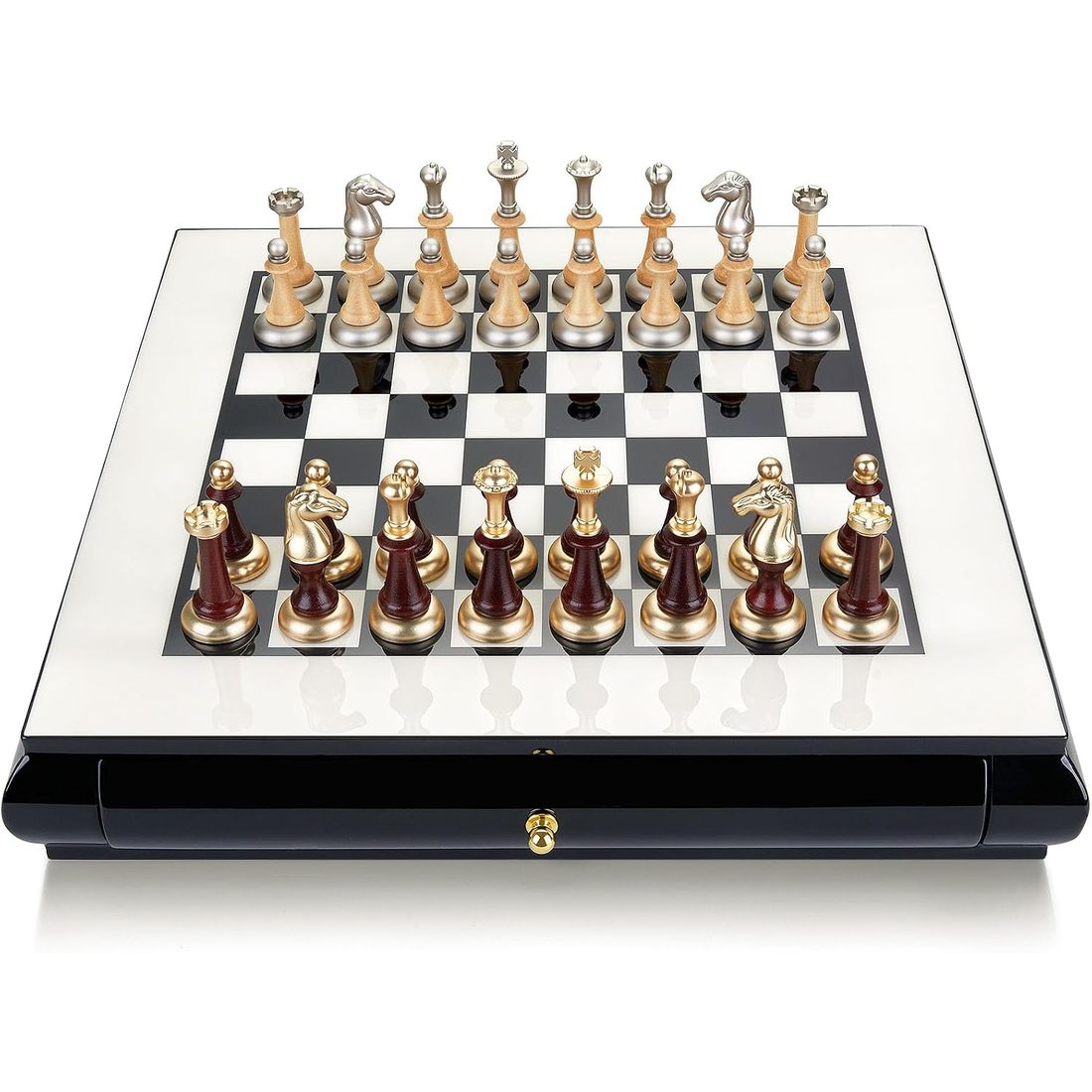AMEROUS 16" Chess Set with 2 Drawers, Metal & Wood Pieces, view 2