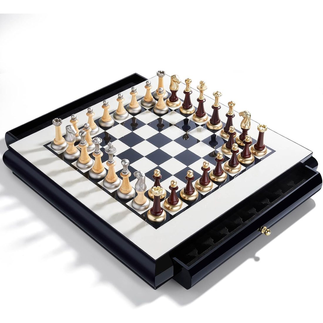 AMEROUS 16" Chess Set with 2 Drawers, Metal & Wood Pieces, view 3