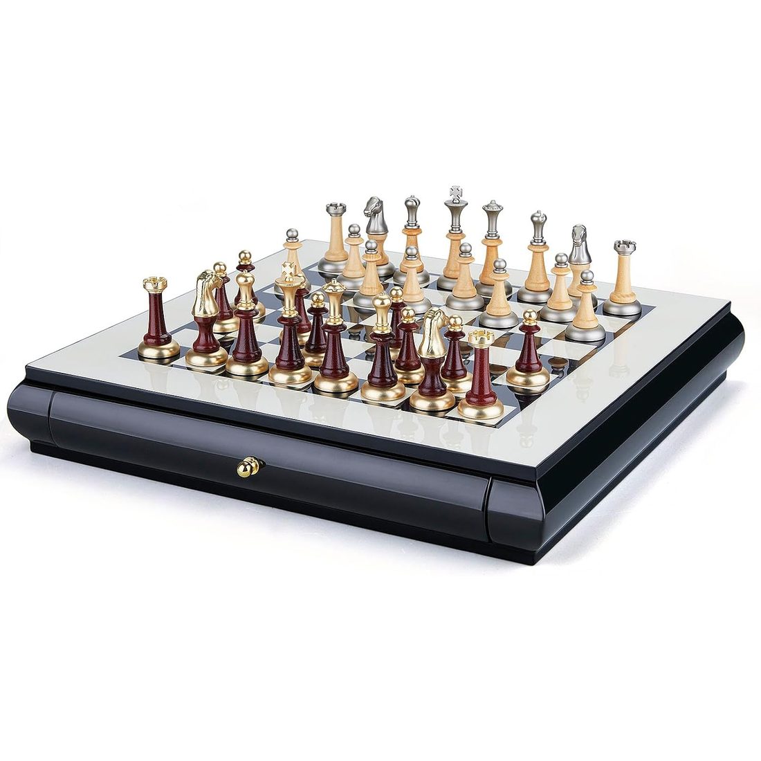 AMEROUS 16" Chess Set with 2 Drawers, Metal & Wood Pieces, view 4