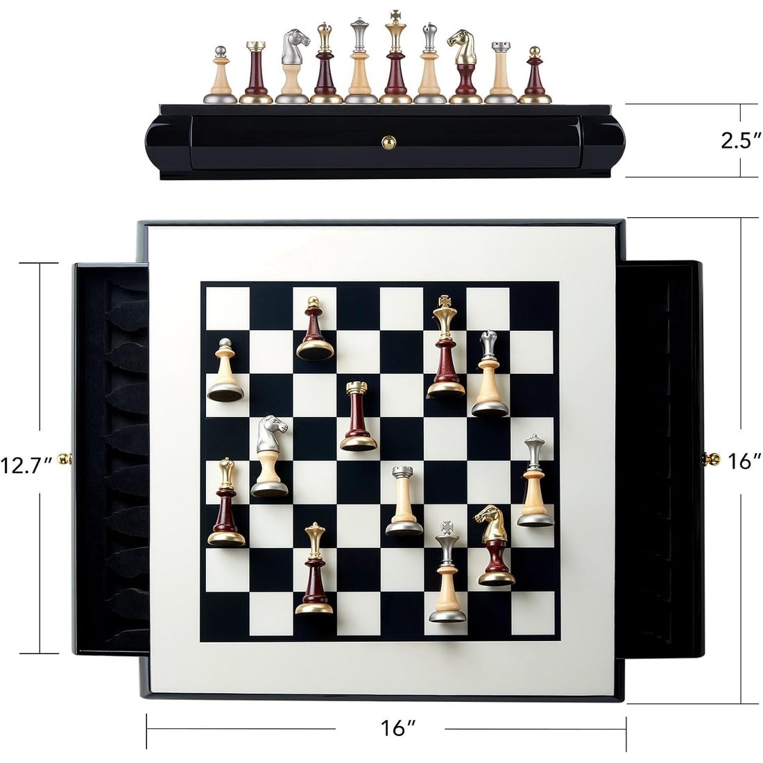 AMEROUS 16" Chess Set with 2 Drawers, Metal & Wood Pieces, view 5