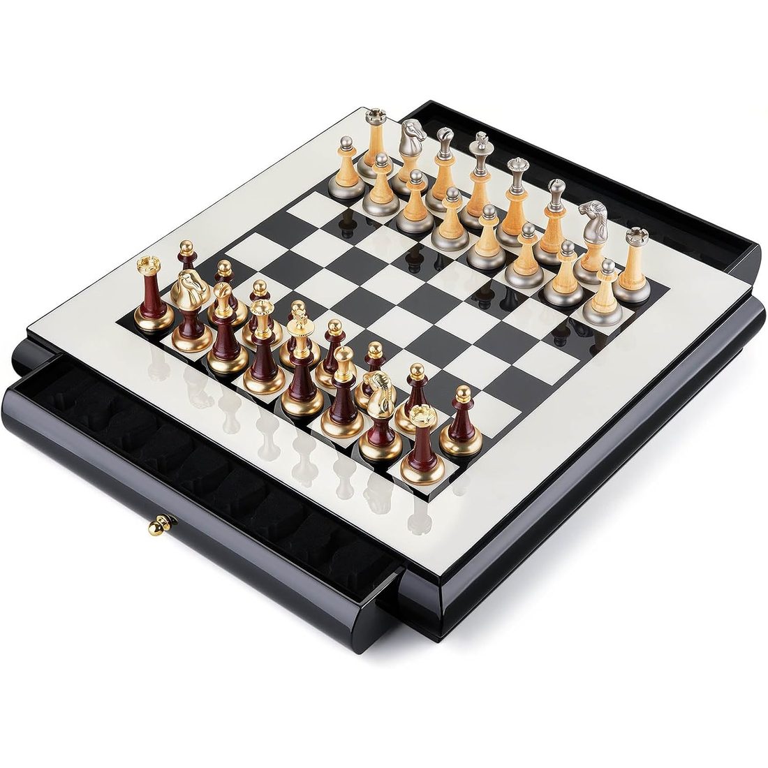 AMEROUS 16" Chess Set with 2 Drawers, Metal & Wood Pieces