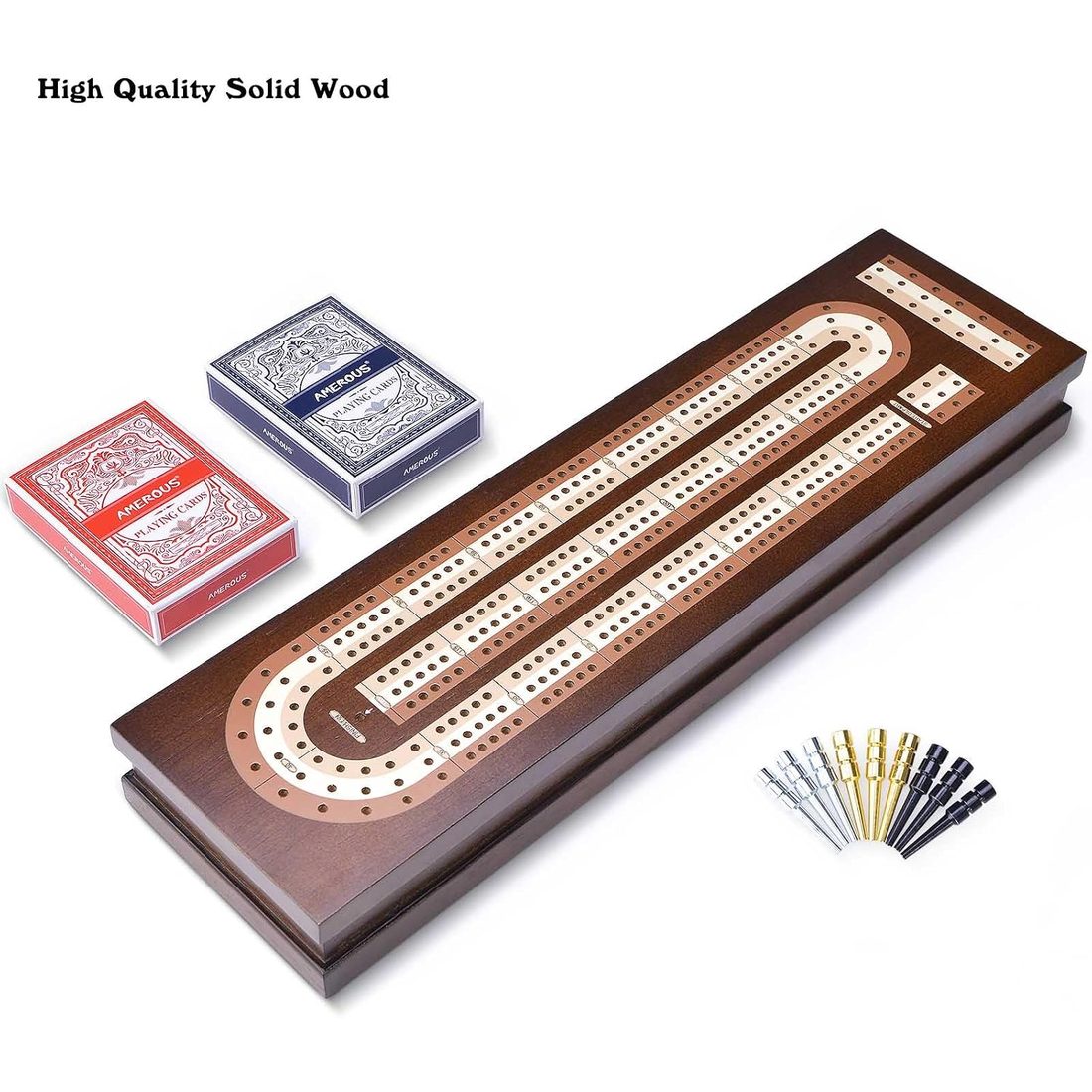 AMEROUS 3-Track Folding Cribbage Set, Metal Pegs & 2 Decks, view 2