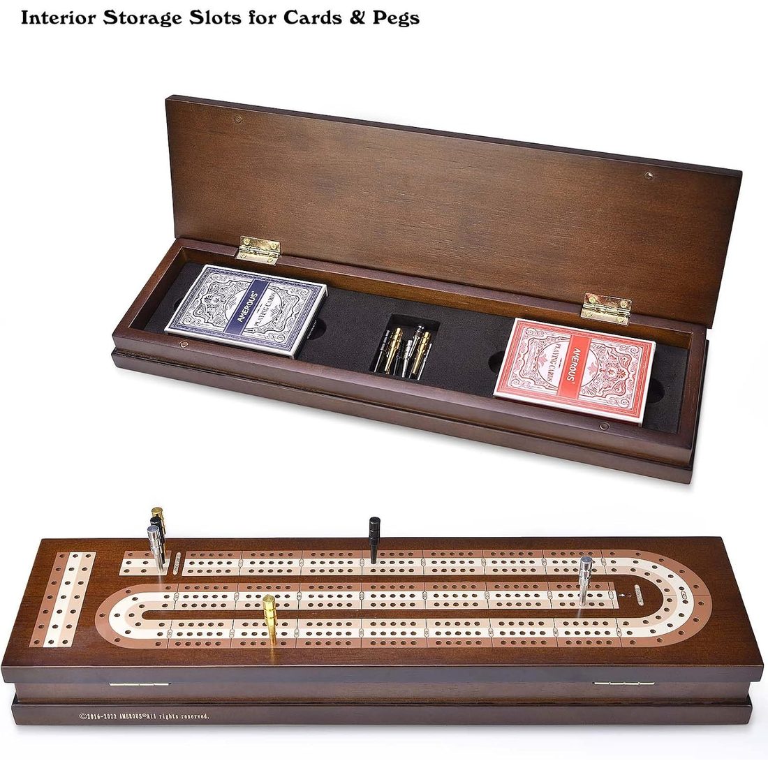 AMEROUS 3-Track Folding Cribbage Set, Metal Pegs & 2 Decks, view 3