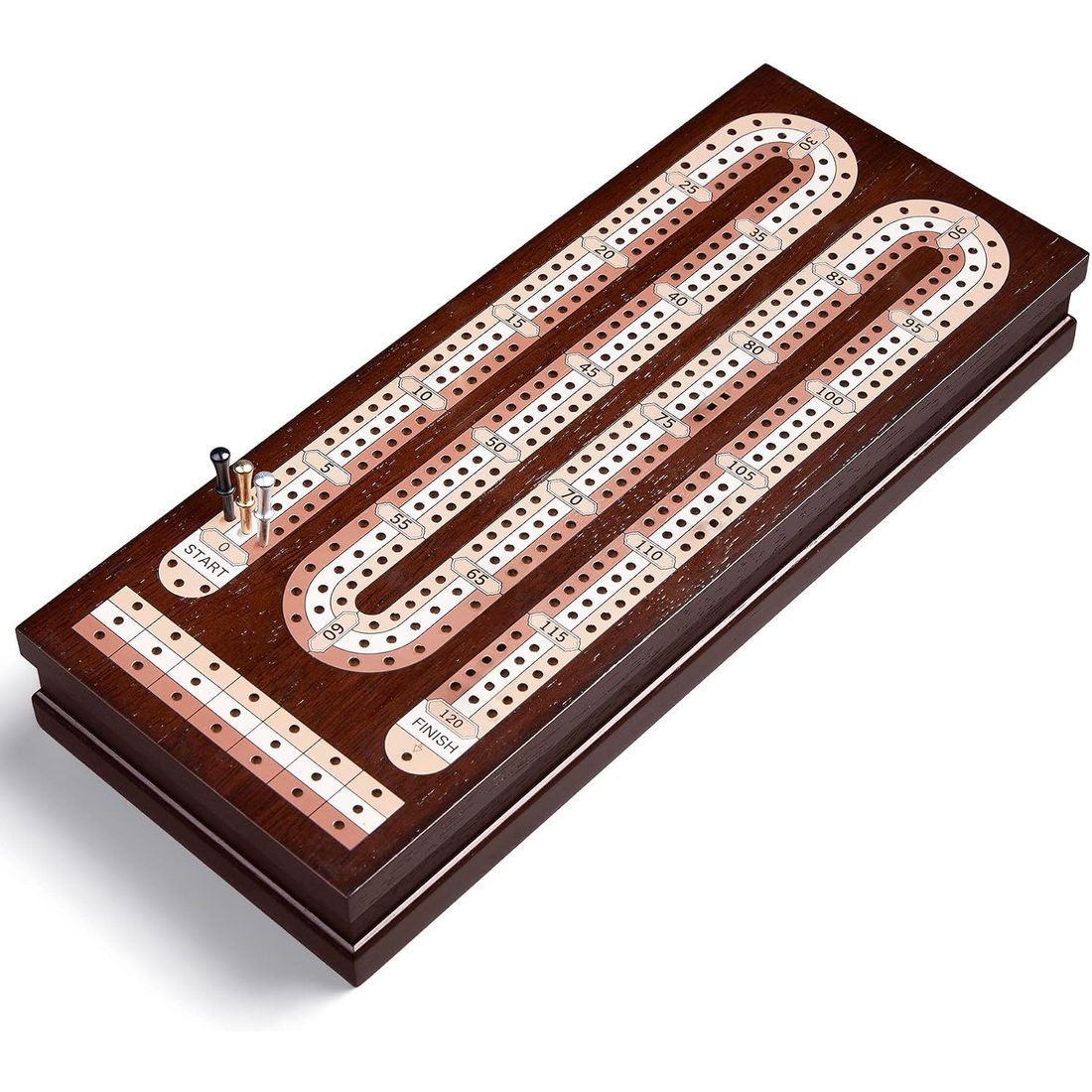 AMEROUS 3-Track Wooden Cribbage Board, 9 Metal Pegs, 2 Decks, view 3