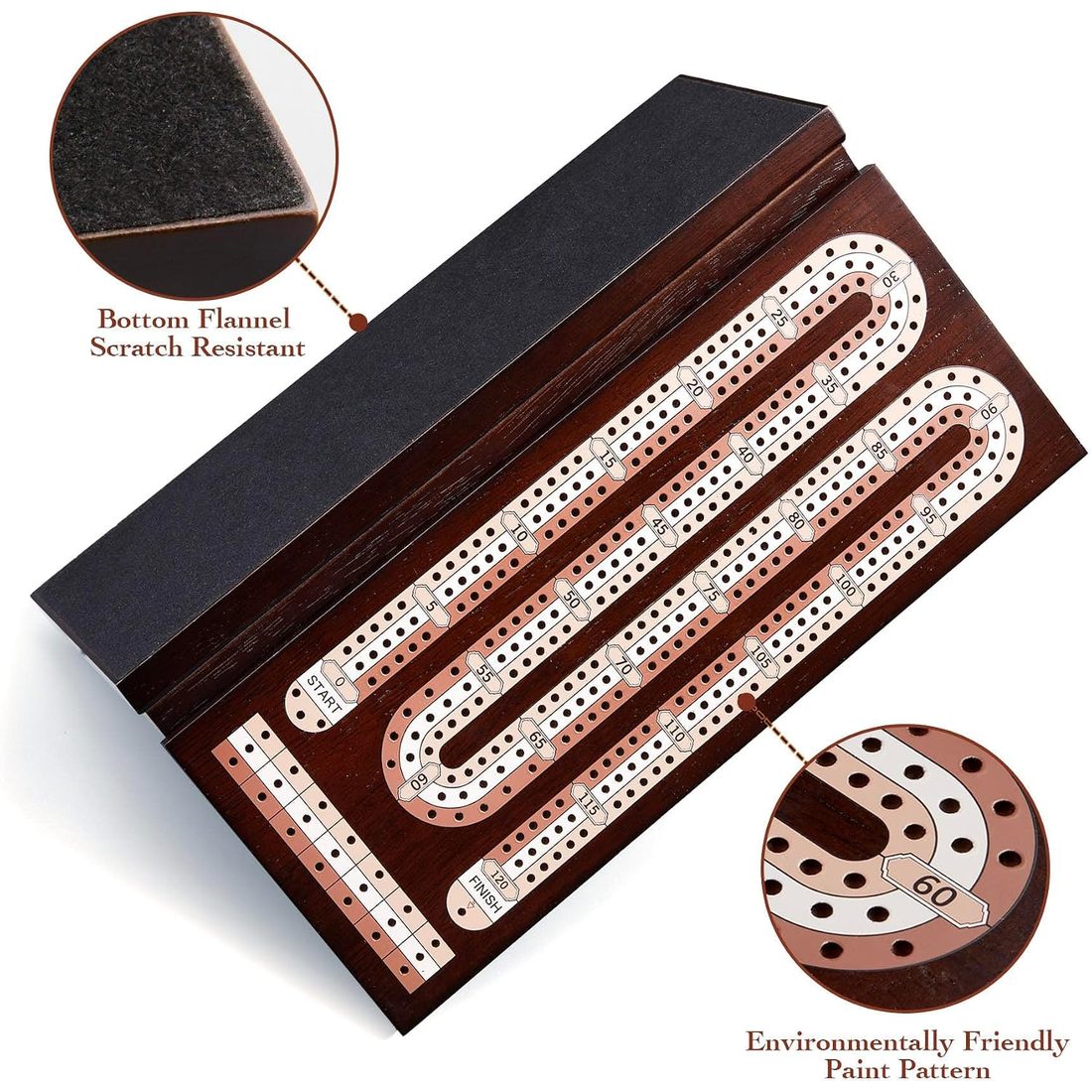 AMEROUS 3-Track Wooden Cribbage Board, 9 Metal Pegs, 2 Decks, view 6