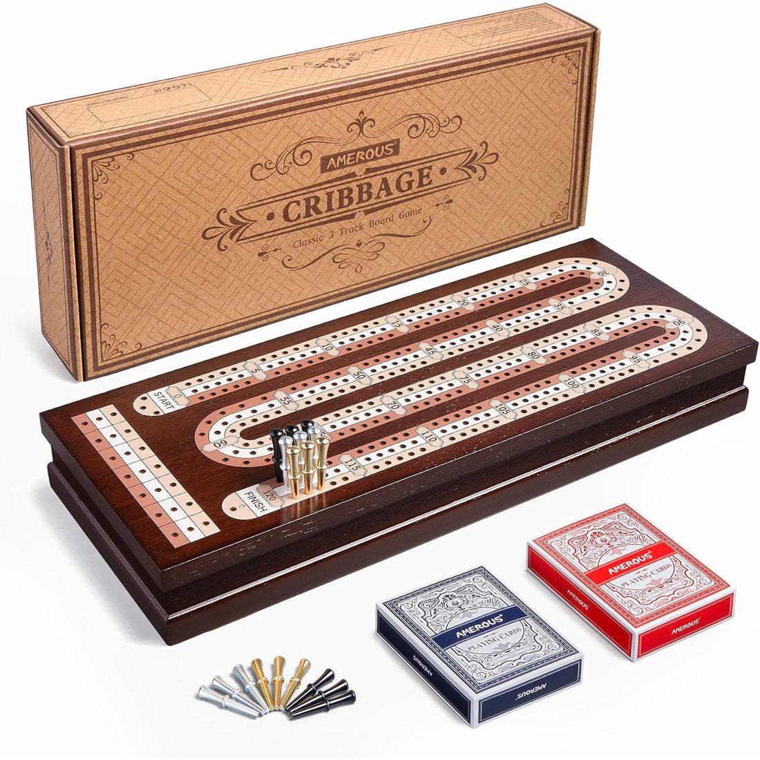 AMEROUS 3-Track Wooden Cribbage Board, 9 Metal Pegs, 2 Decks