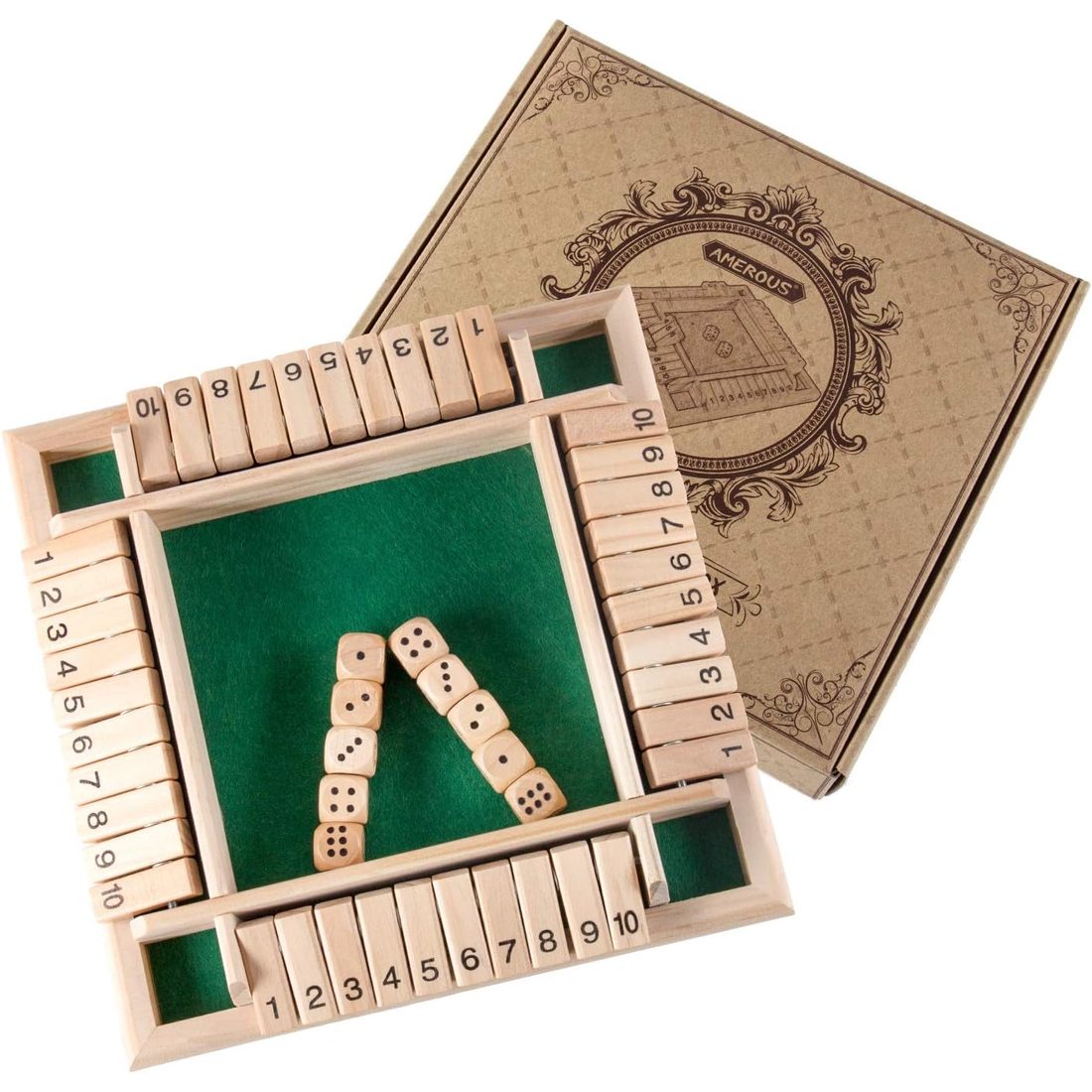 AMEROUS 4-Sided Wooden Shut the Box, 1-4 Players, 10 Dice, view 3