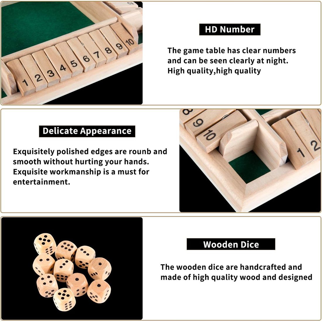 AMEROUS 4-Sided Wooden Shut the Box, 1-4 Players, 10 Dice, view 5