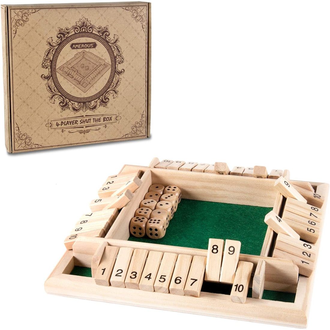 AMEROUS 4-Sided Wooden Shut the Box, 1-4 Players, 10 Dice