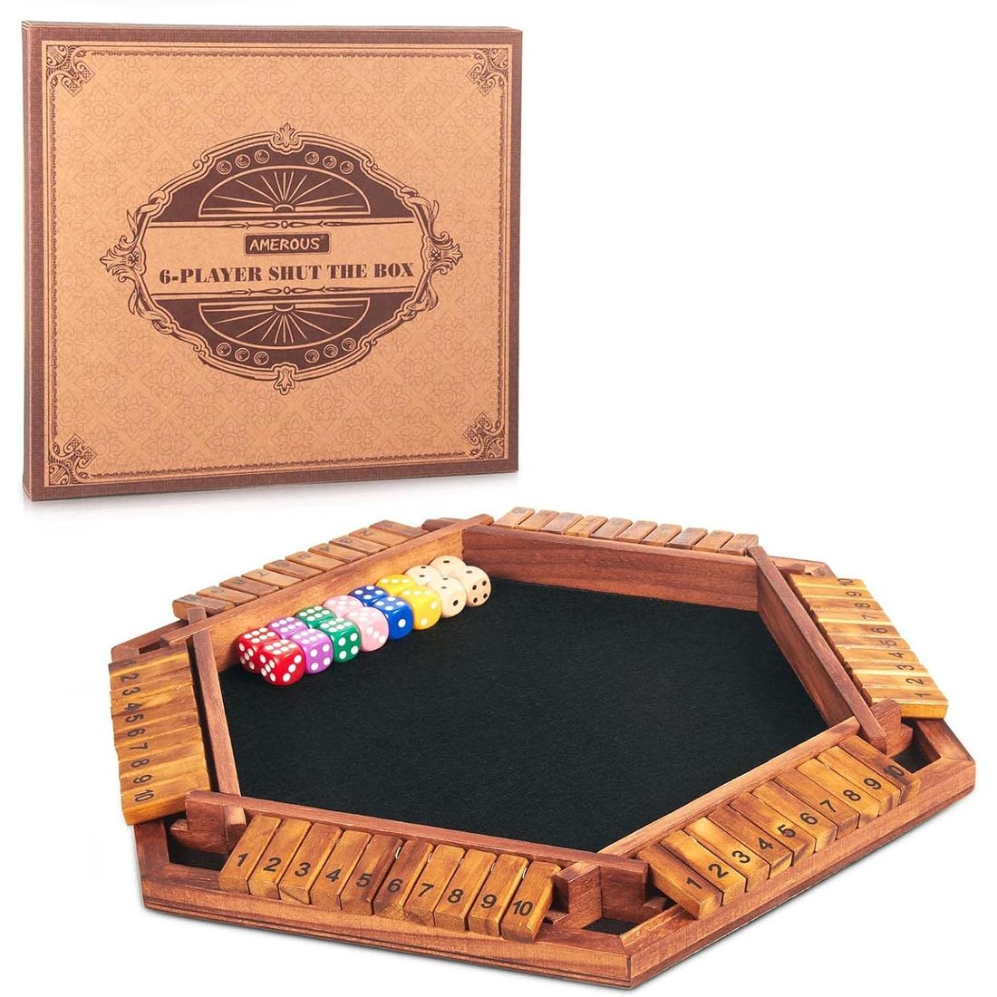 AMEROUS 6-Player Shut the Box, 16 Dice, Numbers 1-10