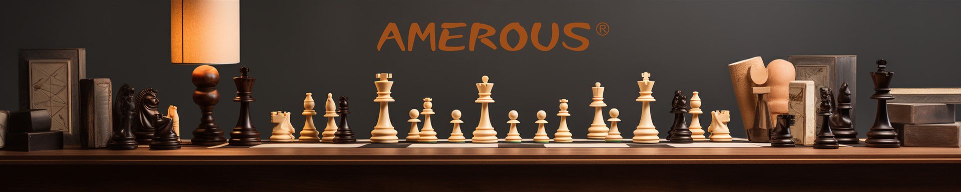 AMEROUS logo above a shelf of wooden chess pieces