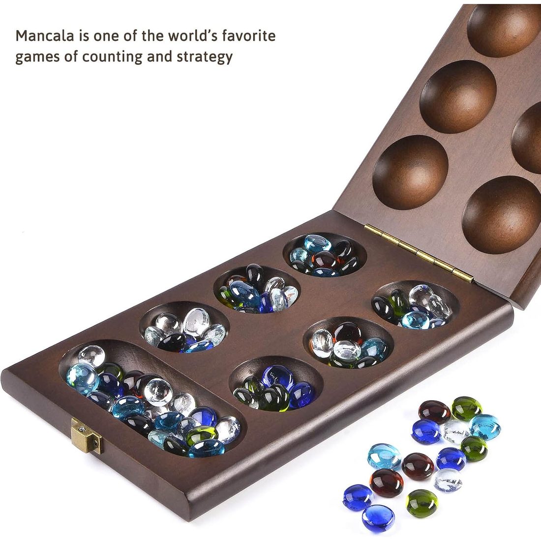 AMEROUS Folding Wooden Mancala Set, 72+8 Glass Stones, view 2