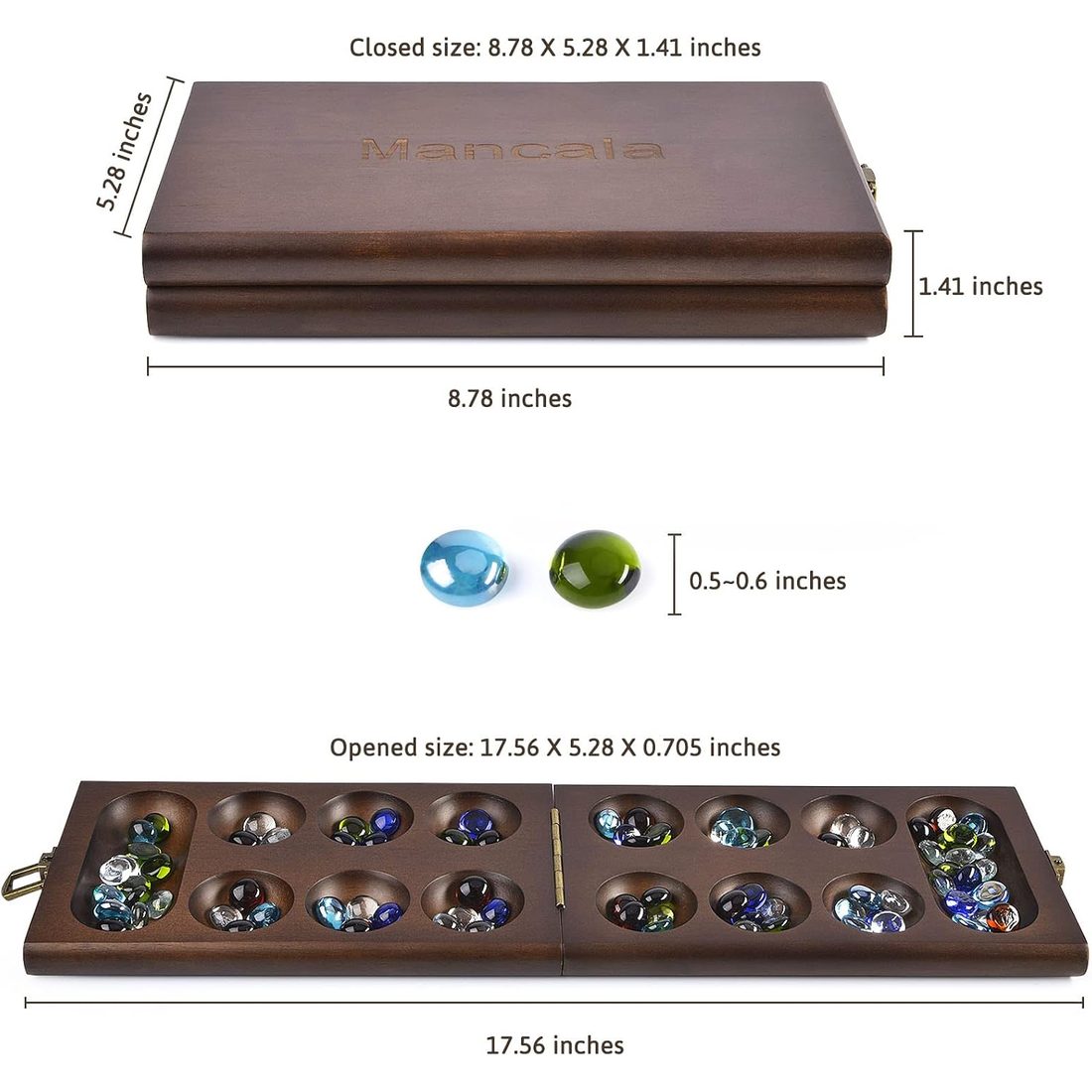 AMEROUS Folding Wooden Mancala Set, 72+8 Glass Stones, view 3