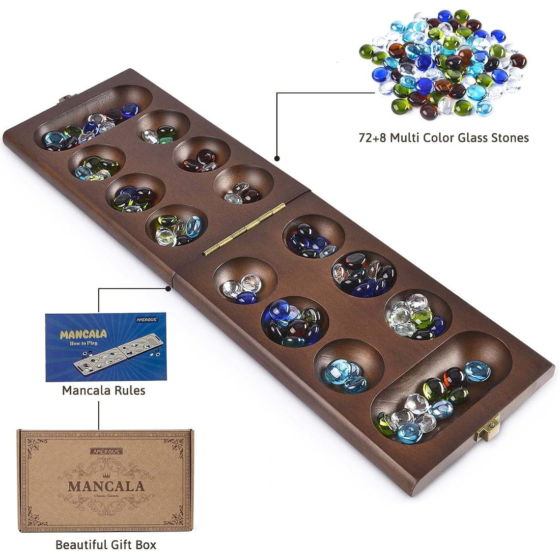AMEROUS Folding Wooden Mancala Set, 72+8 Glass Stones, view 4