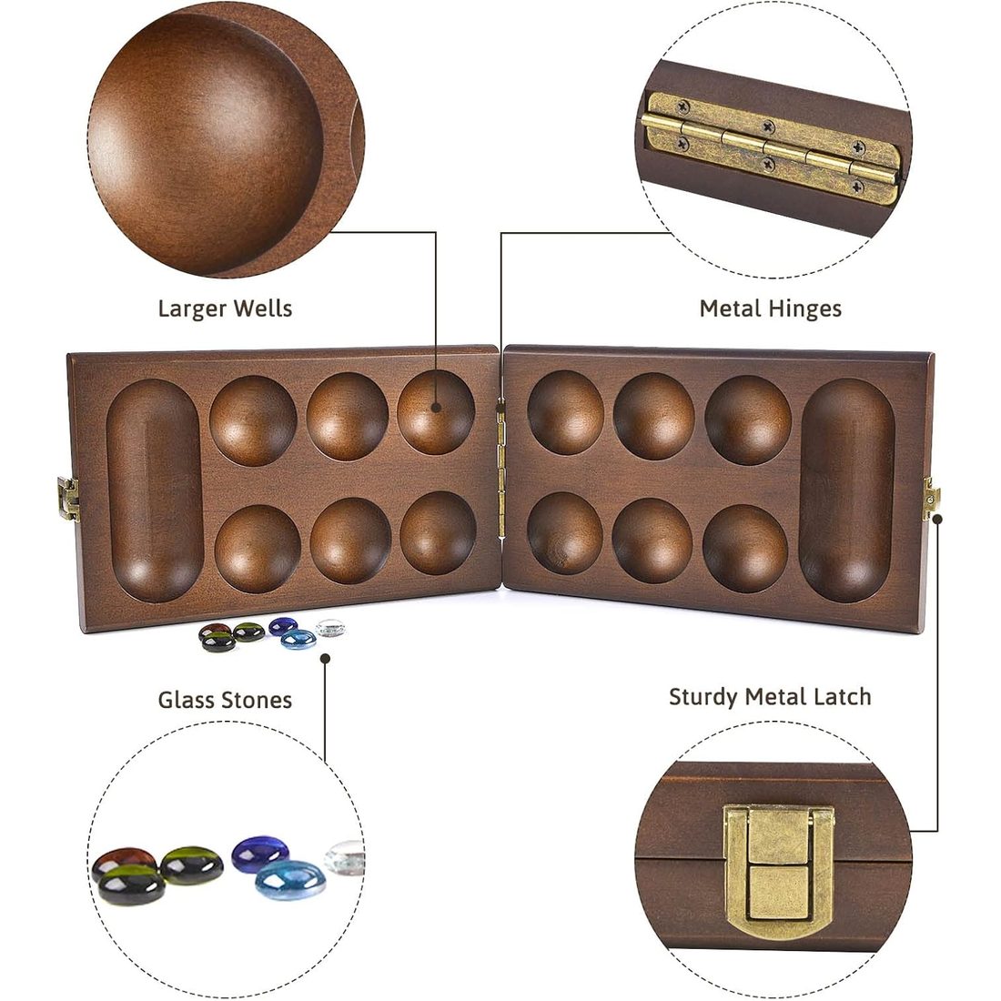 AMEROUS Folding Wooden Mancala Set, 72+8 Glass Stones, view 5