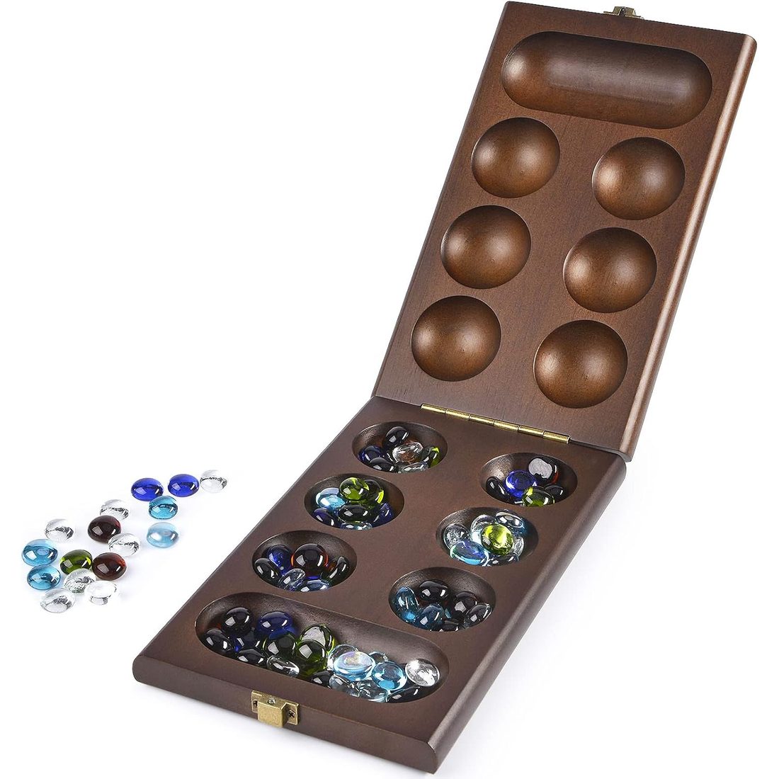 AMEROUS Folding Wooden Mancala Set, 72+8 Glass Stones, view 6