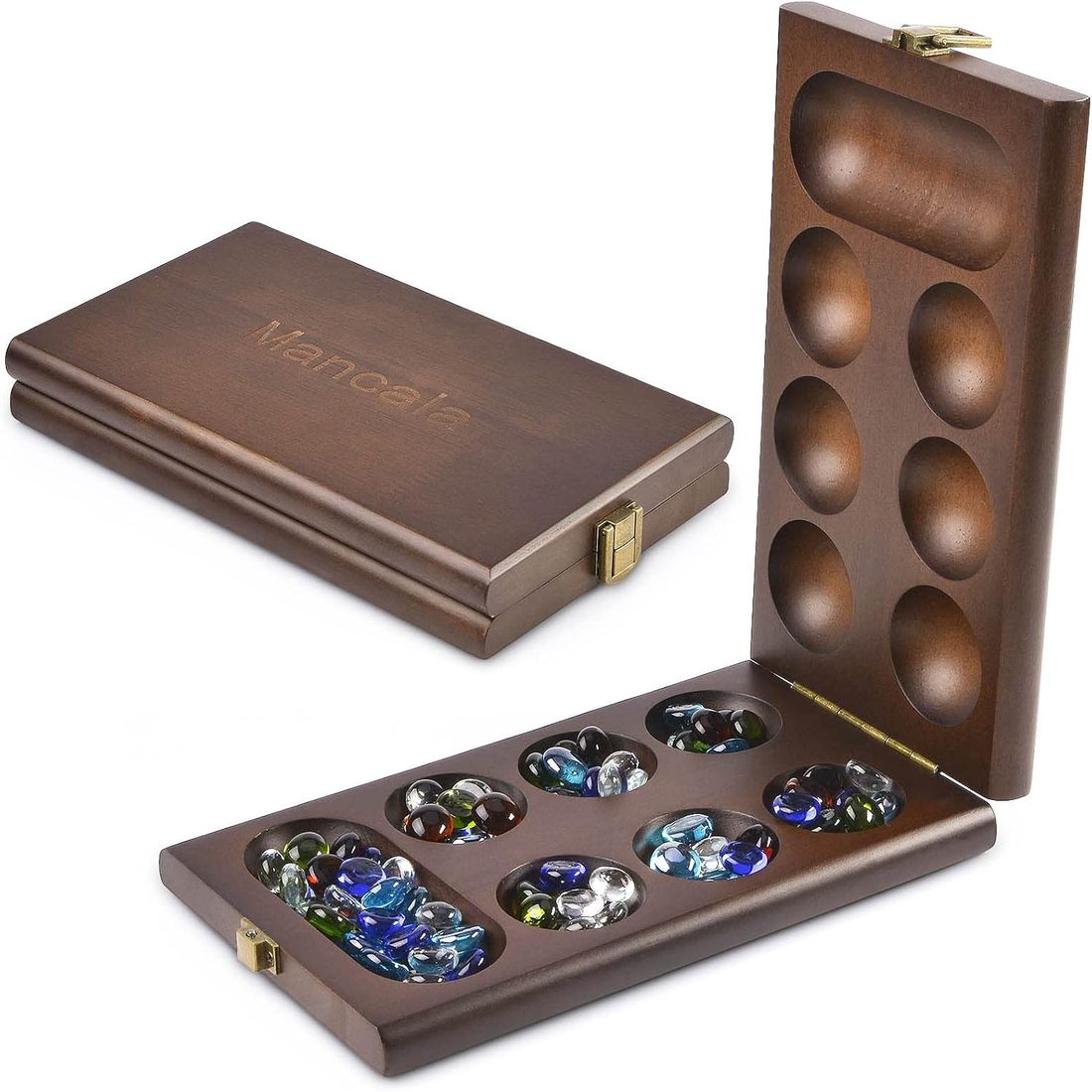 AMEROUS Folding Wooden Mancala Set, 72+8 Glass Stones