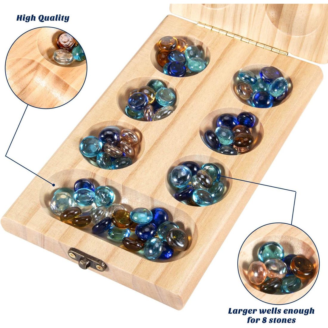 AMEROUS Folding Wooden Mancala Set with Glass Stones, view 2