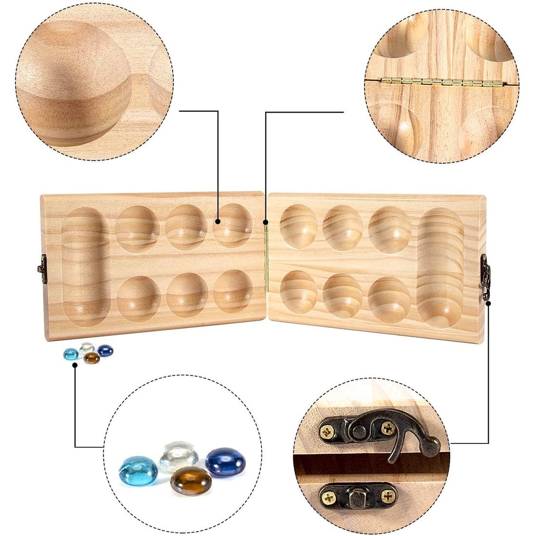 AMEROUS Folding Wooden Mancala Set with Glass Stones, view 3