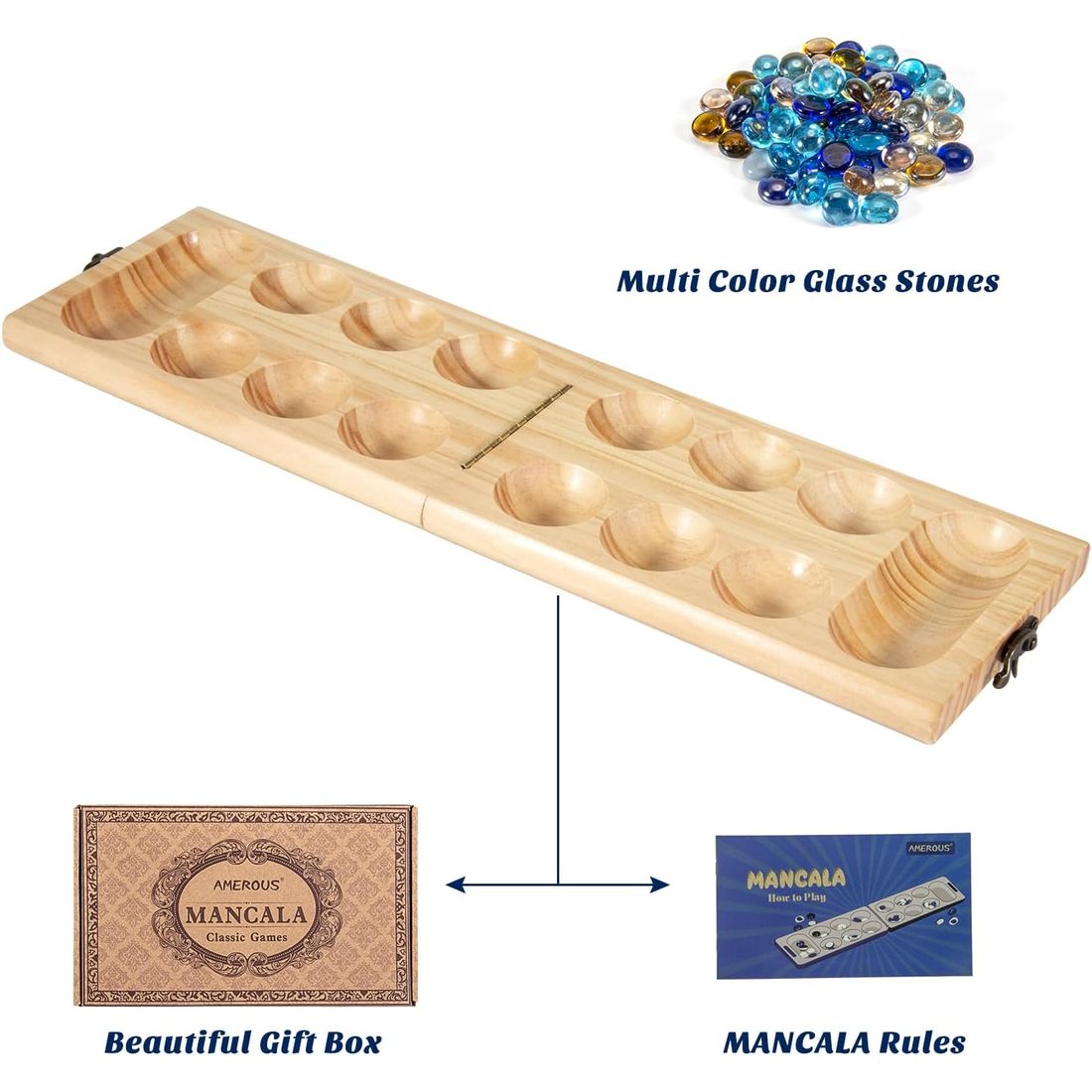 AMEROUS Folding Wooden Mancala Set with Glass Stones, view 4