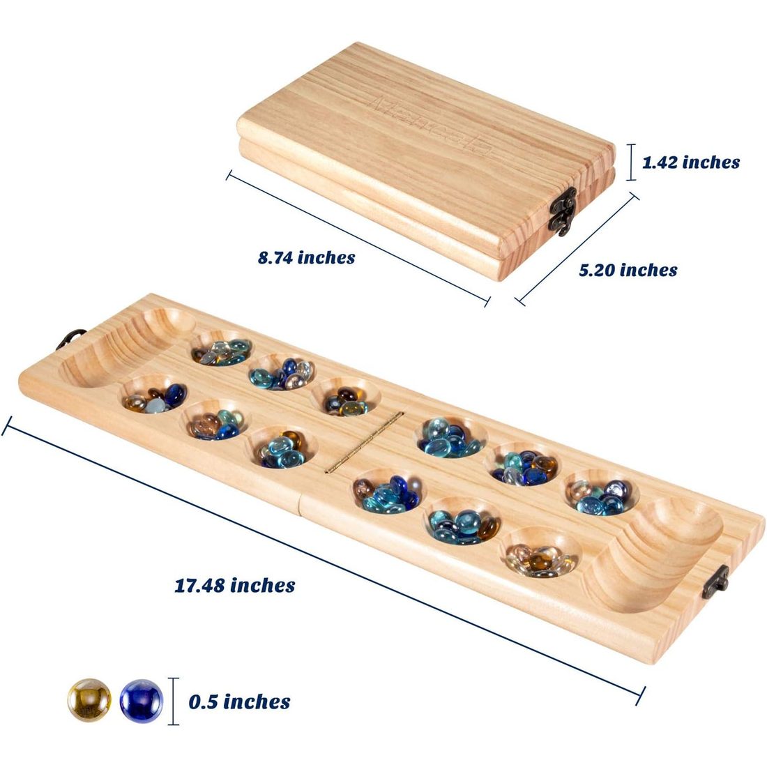 AMEROUS Folding Wooden Mancala Set with Glass Stones, view 5