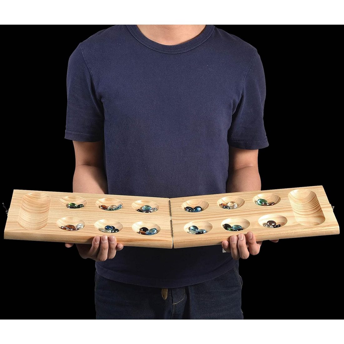 AMEROUS Large Folding Wooden Mancala Set, 72+8 Glass Stones, view 2