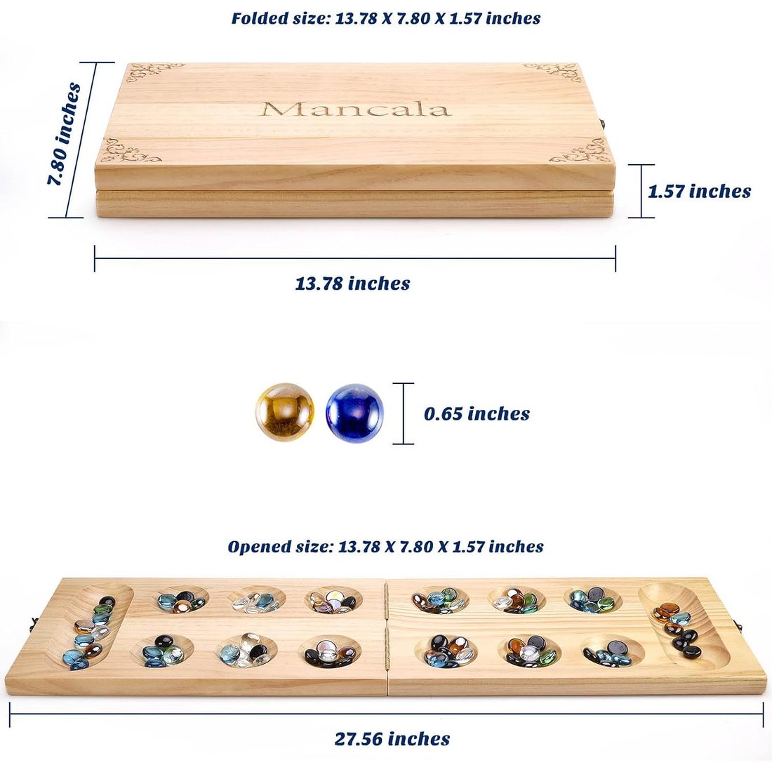 AMEROUS Large Folding Wooden Mancala Set, 72+8 Glass Stones, view 3