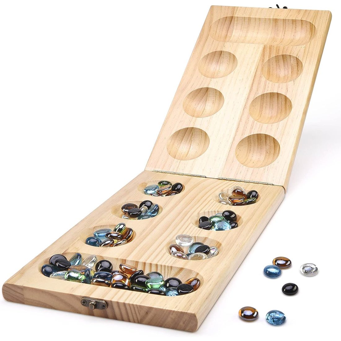 AMEROUS Large Folding Wooden Mancala Set, 72+8 Glass Stones, view 5