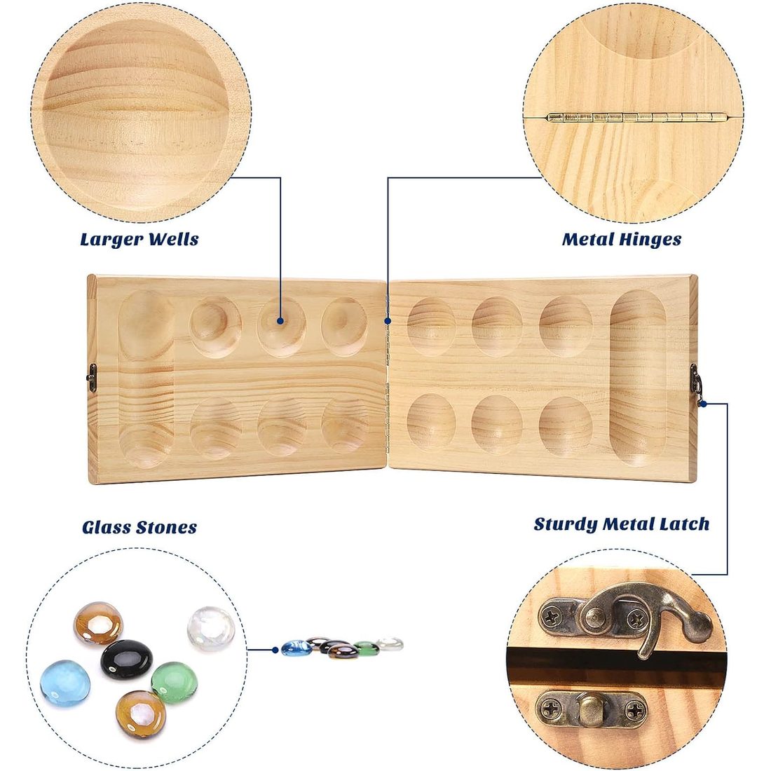 AMEROUS Large Folding Wooden Mancala Set, 72+8 Glass Stones, view 6