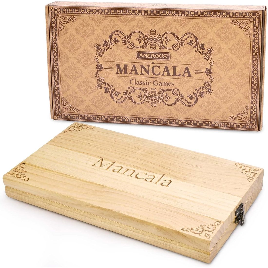 AMEROUS Large Folding Wooden Mancala Set, 72+8 Glass Stones