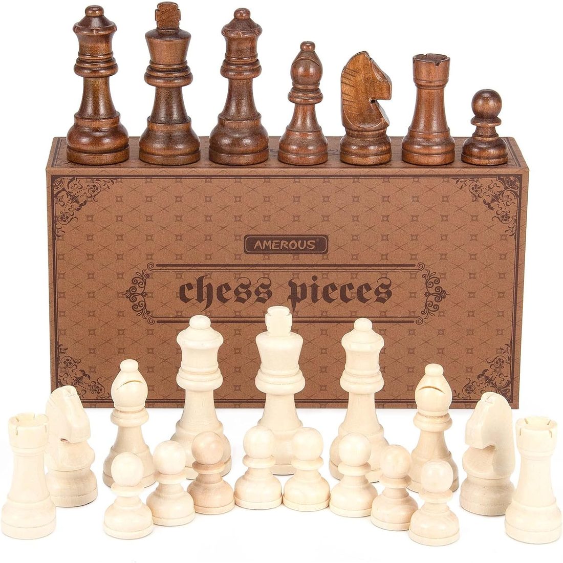 AMEROUS Wooden Chess Pieces Only, 3" King, 2 Extra Queens