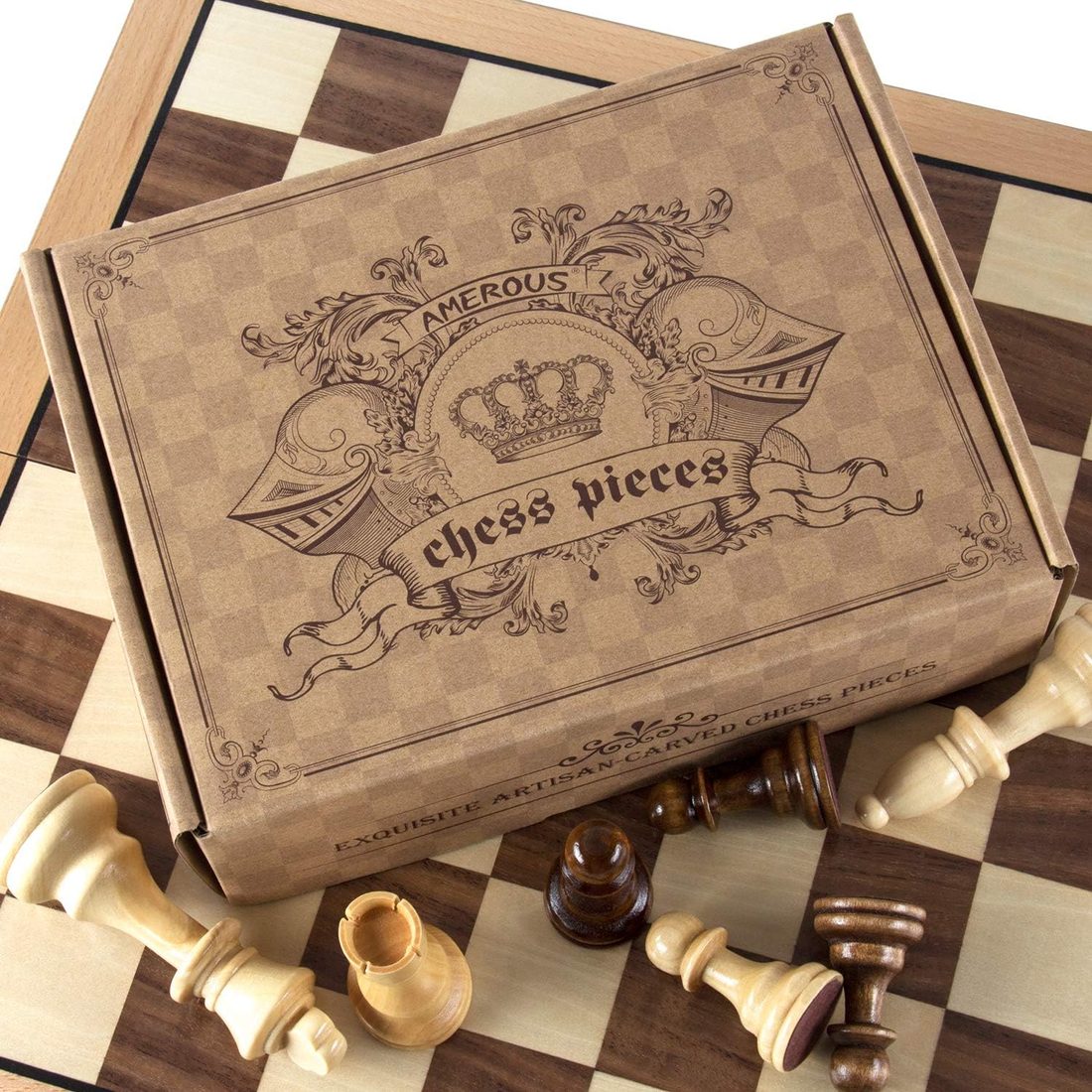 AMEROUS Hand-Carved Wooden Chess Pieces, 4.12" King, 2 Bags, view 3